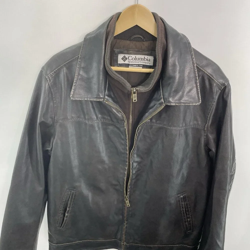 Columbia Faux Leather Bomber Jacket Aviator Distressed Full Zip Brown Mens L